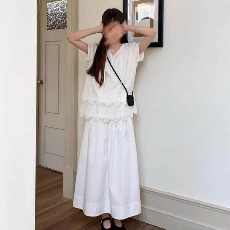 【圈圈】2025波浪镂空春日特惠层叠花边拼接法式小衫+半身裙7091