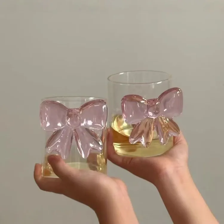 ins蝴蝶结透明爱心韩风少女小众简约浪漫立体玻璃杯