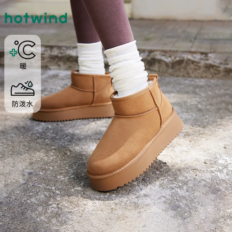 【热风商场海报光面绒面款雪地靴】2025年冬季百搭加绒保暖短筒靴
