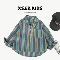 【西西】男童复古森系条纹衬衫春季小众设计款日常衬衣hbb6738