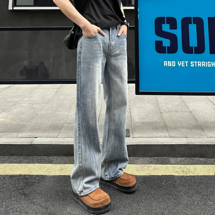 QUALCOMM高街美式竹节纹微喇牛仔裤男款秋季百搭显瘦潮流直筒长裤