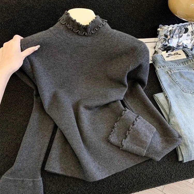 【80-180斤】木耳边半高领针织毛衣女秋冬高品质洋气内搭打底衫上衣