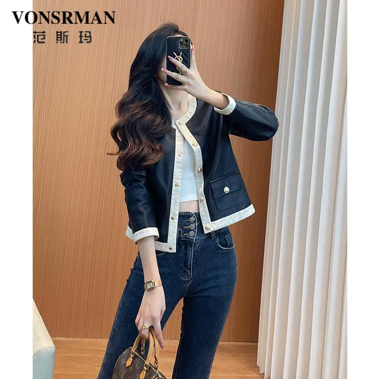 短款拼色小香风皮衣外套女2025春秋新款高端大气上档次休闲短外套