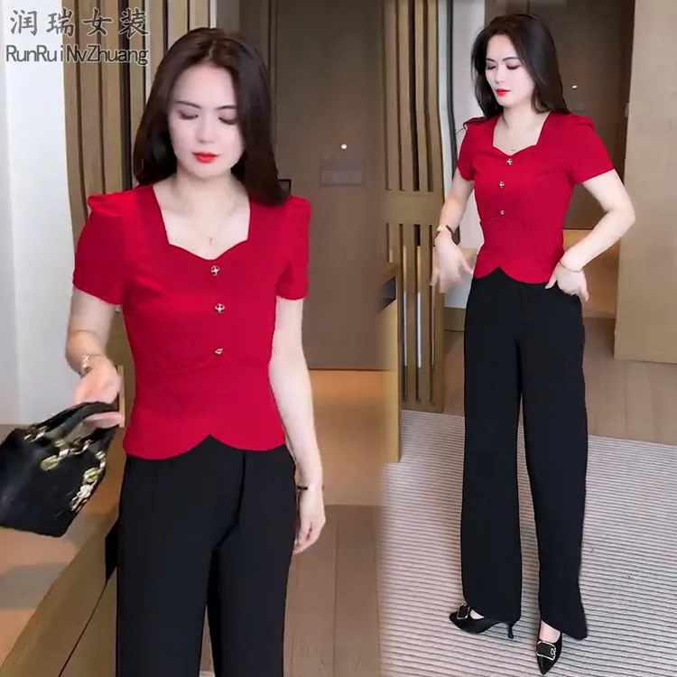 短袖小个子女神时尚套装上衣时尚修身阔腿裤套装休闲风通勤风红色