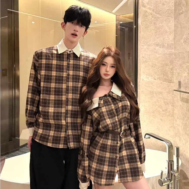 情侣装春季长袖格子衬衫拼接露肩女连衣裙辣妹风显瘦