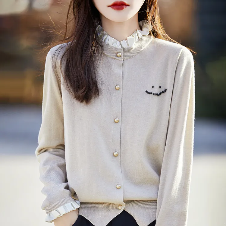 【浪漫千金】精纺木耳花边金扣羊毛开衫-2407