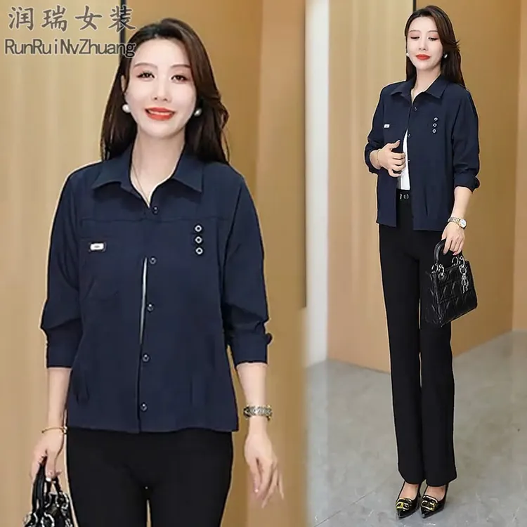 时尚显瘦长袖中年妈妈翻领短外套女2025秋季新款宽松显瘦百搭上衣