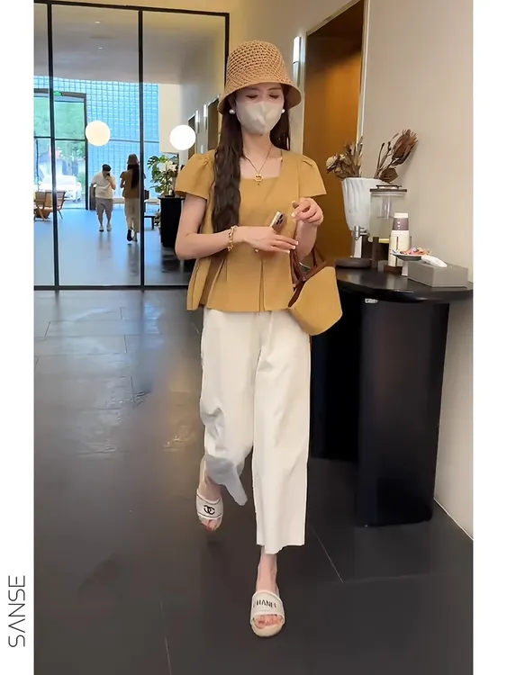 今年流行的夏装套装女设计感显瘦短袖衬衫+休闲阔腿裤减龄两件套