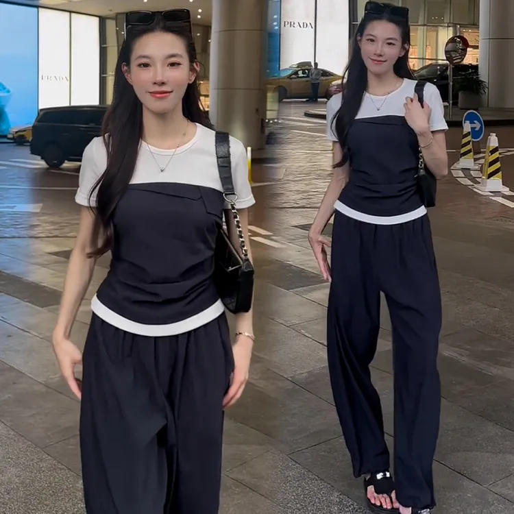 慵懒风休闲套装女2025年夏季新款百搭撞色拼接短袖t恤长裤两件套