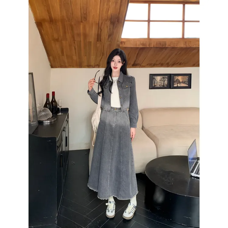 9190#大码牛仔裙半身裙套装2025年春季新款胖mm牛仔+长裙套装