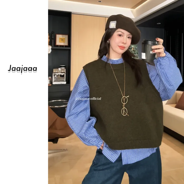 Jaajaaa海宴清河  温柔复古百搭羊毛马夹经典条纹衬衫两件套/ICFA