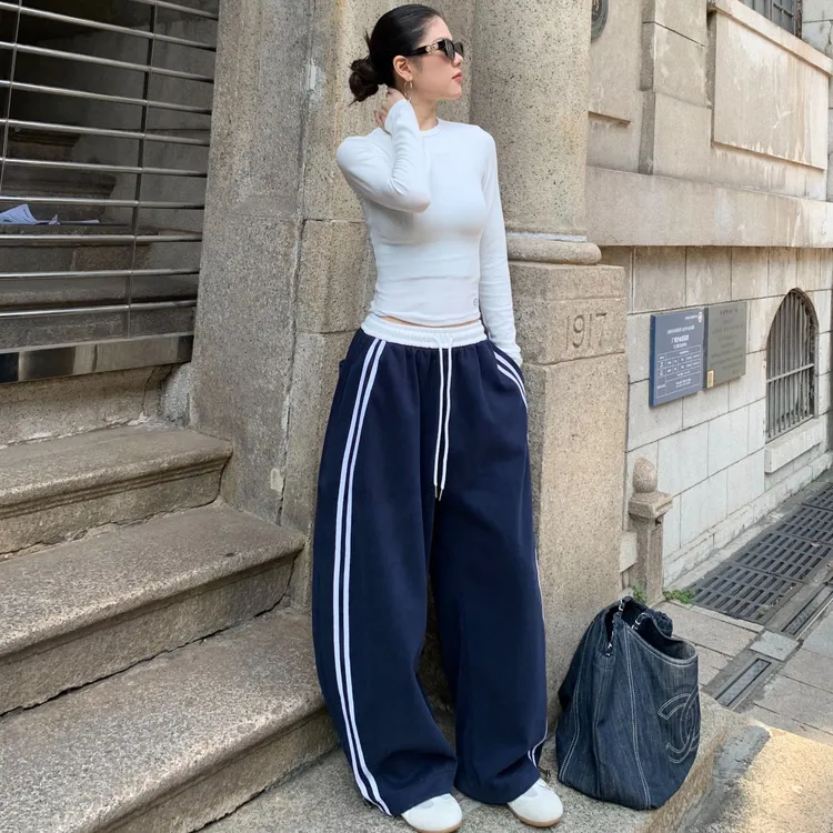 运动裤子女春秋撞色高腰显瘦宽松垂感直筒休闲卫裤条纹拼接阔腿裤