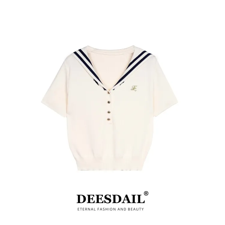 【307】DEESDAIL海军领奶杏色短袖上衣百搭显瘦知性风t恤Y318