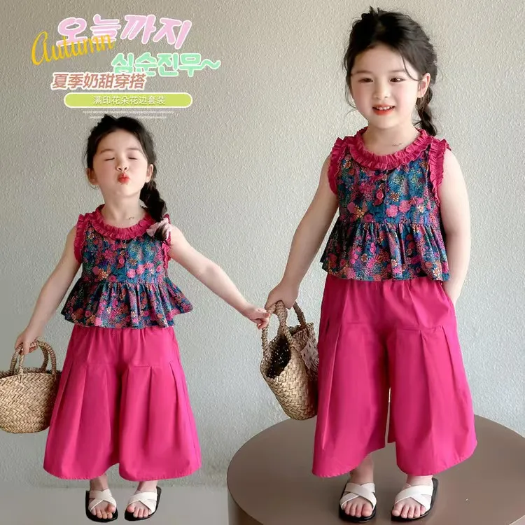 夏装女童花朵碎花印花无袖时尚新品女童套装童装夏季儿童热点话题