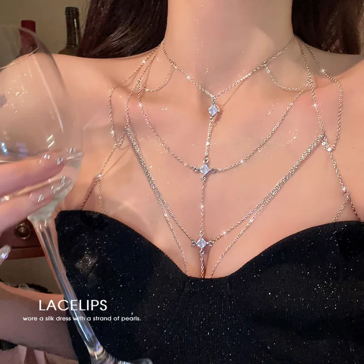 潮酷辣妹身体链胸链夸张高级感锁骨链纯欲后背链女闪钻性感项链