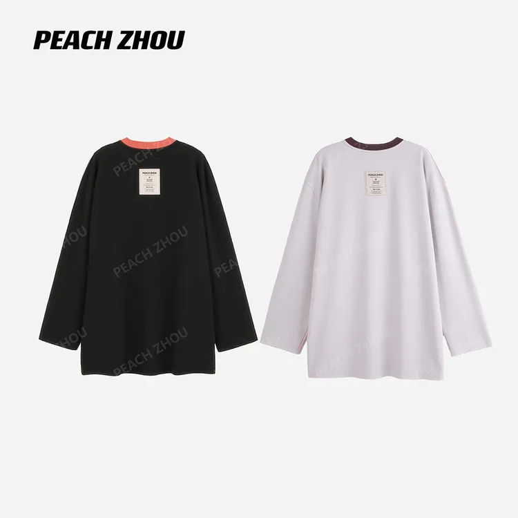 『PEACHZHOU』双色拼接水洗做旧磨破落肩宽松圆领长袖休闲大版T恤