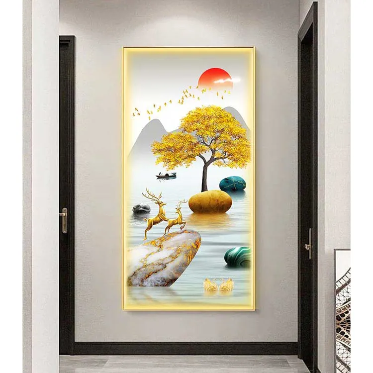 led带灯入户进门玄关装饰画竖版简约现代挂画壁画走廊过道山水画