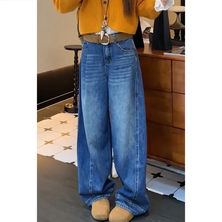 艾塔莉秋季新款宽松大码牛仔裤百搭美式高腰阔腿裤长款拖地裤遮肉
