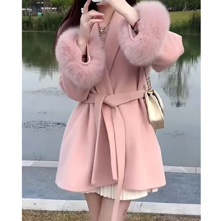 新款中长款外套保暖大衣开衫穿搭纯色毛毛袖时尚洋气百搭精品女装