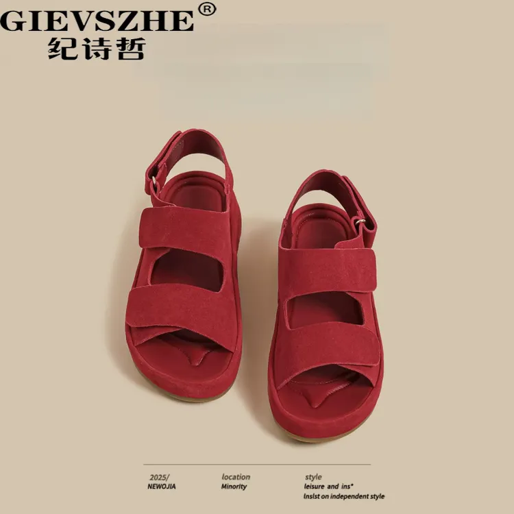 GIEVSZHE纪诗哲红色勃肯鞋女外穿软底百搭魔术贴休闲露趾罗马凉鞋