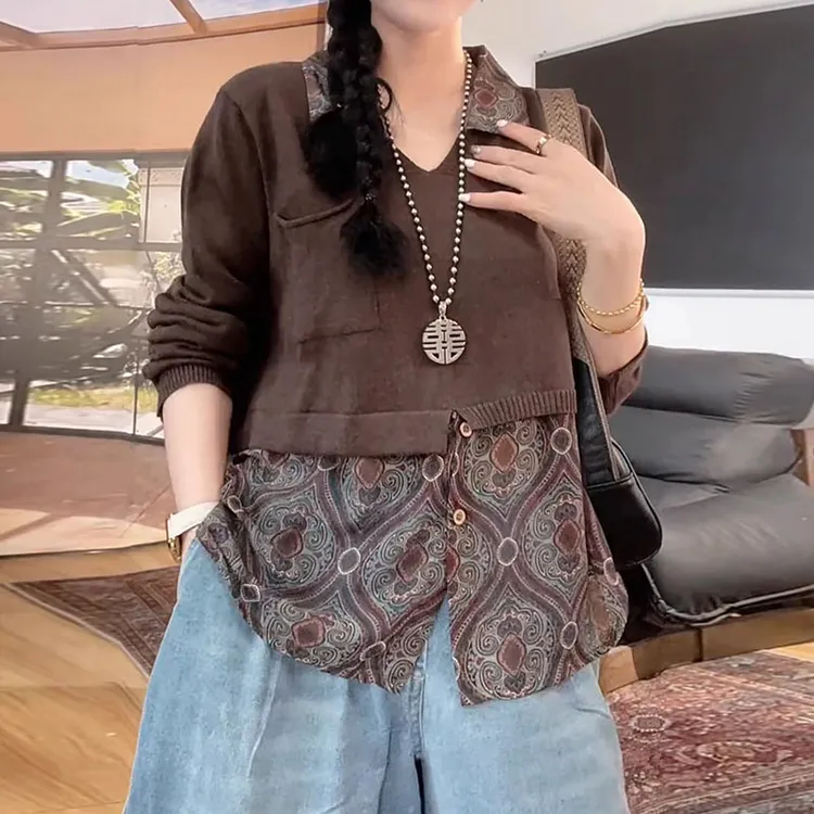 法式洋气拼接印花长袖衬衫女早秋新款轻薄凉感显瘦宽松假两件上衣