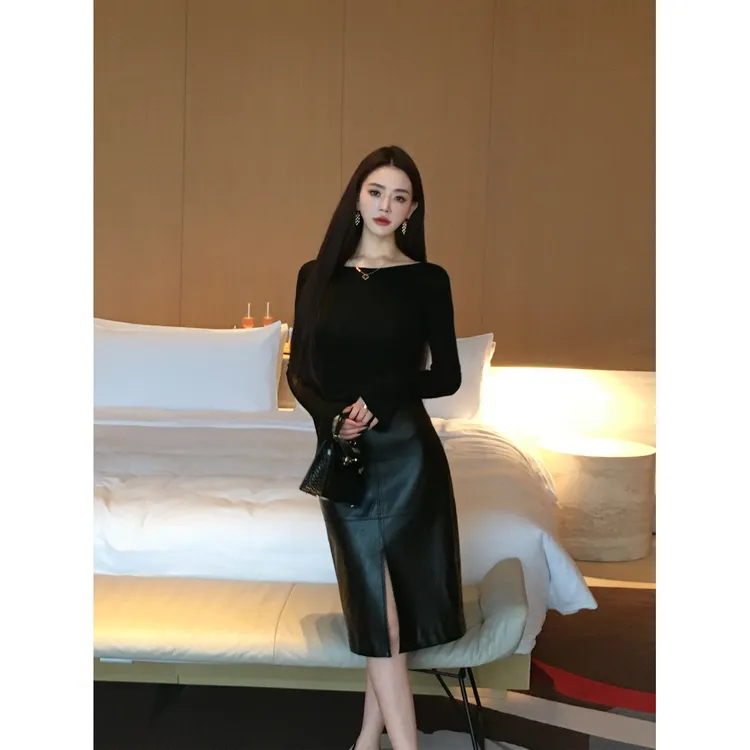 冯薪颖 【德鲁纳】高知老钱气质直中群时髦半身皮裙 T509098