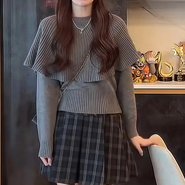 M823韩系温柔风假两件针织衫女2025秋冬新款时尚设计感女装