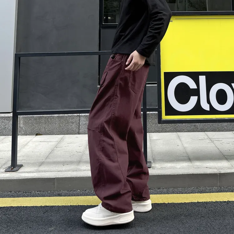QUALCOMM美式复古潮牌酒红色休闲裤男士秋冬款宽松直筒阔腿工装裤