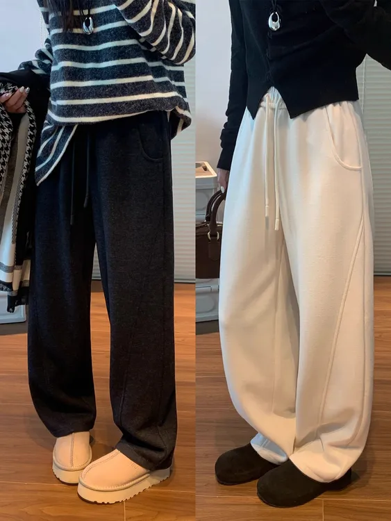 白色弯刀裤女秋冬季2025新款垂感直筒阔腿裤加绒羊毛香蕉运动卫裤