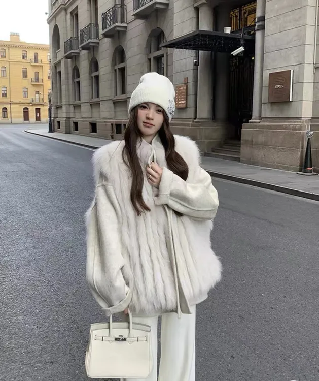 【LISHA】2025新款两件套顶奢羊绒羊毛大衣双面呢手工缝制狐狸毛拆