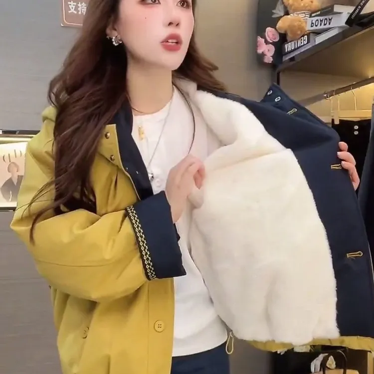 【加绒】韩版秋冬加绒加厚新款连帽宽松上衣派克服棉衣外套女