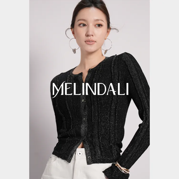 Melinda Li【星耀肌理】优雅职场黑色细闪圆领坑条长袖针织开衫上衣