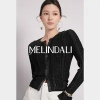 Melinda Li【星耀肌理】优雅职场黑色细闪圆领坑条长袖针织开衫上衣
