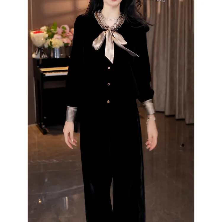 轻奢女神范两件套2025秋新设计师款气质蝴蝶结拼色丝绒上衣休闲裤