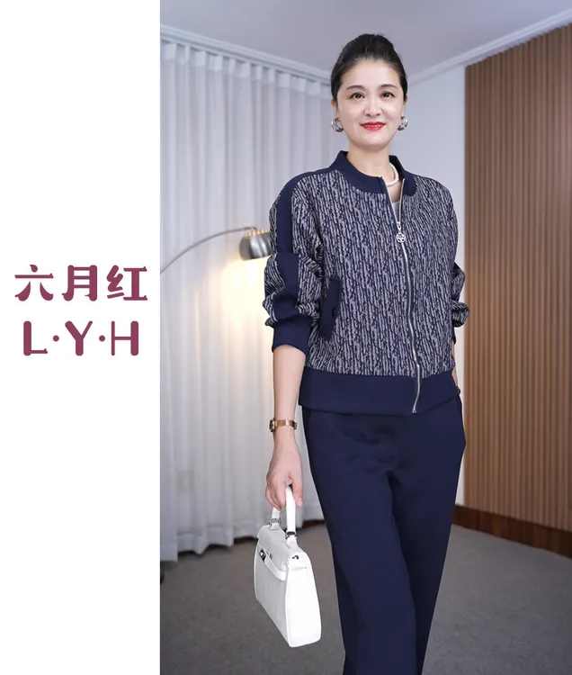 妈妈装拼接立领夹克套装拉链开衫花外套2025秋中老年女装两件套