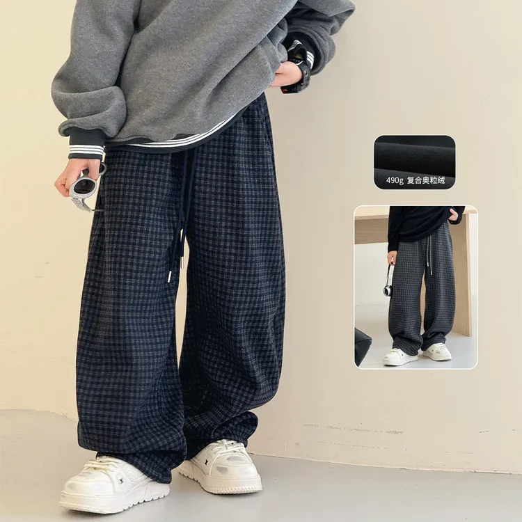 男童加绒裤子冬装新款儿童韩版时尚百搭格子中大童洋气长裤AB1137