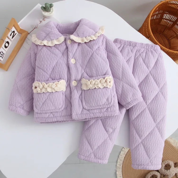 女孩冬季三层加厚夹棉家居服睡衣女宝宝居家保暖法兰绒公主风套装