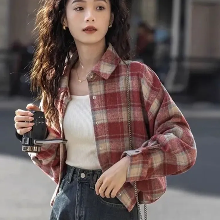 格子磨毛春秋新款外套百搭宽松慵懒小个子短款上衣长袖衬衫衬衣