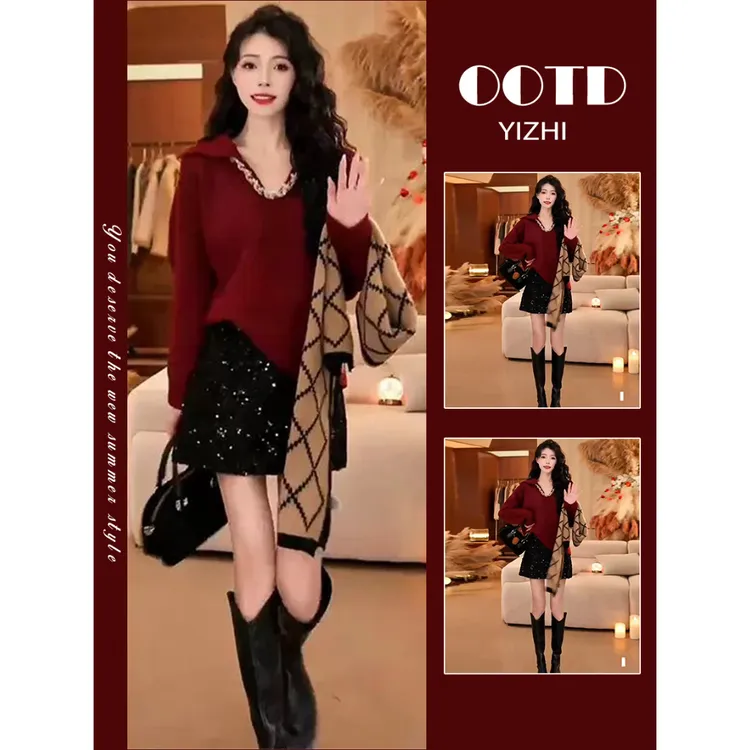 2025年一整套秋冬穿搭女慵懒风高级感红色翻领毛衣亮片短裙两件套