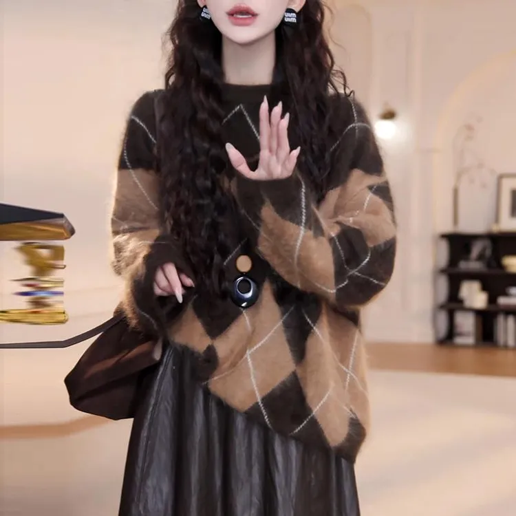 2025春秋季新款女士时尚套装菱格毛针织衫慵懒风半身裙上衣两件套