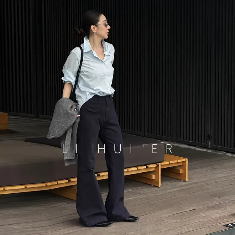 LiHuiEr李慧儿【葡萄成熟时】2025夏季显瘦设计女藏青休闲裤YC-630