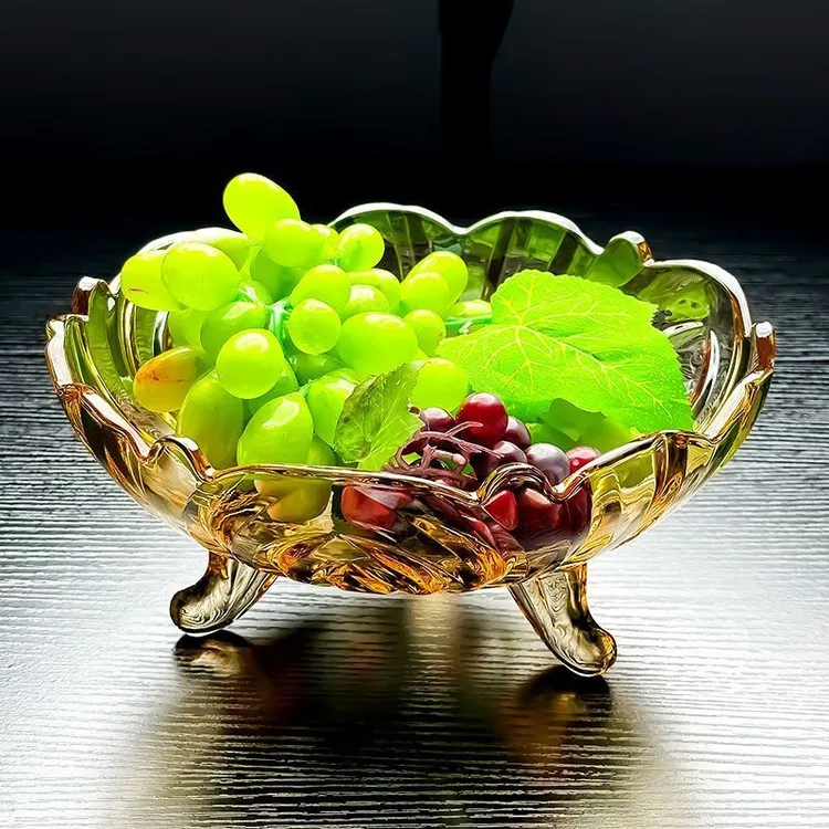 2026新款网红轻奢三足大果盘客厅水晶玻璃碗三脚水果盘家用高级感