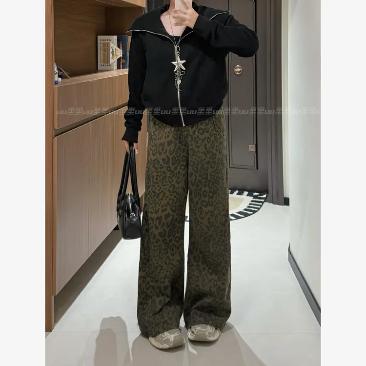 【火火】美式豹纹阔腿牛仔裤女秋冬季新款高腰显瘦宽松直筒拖地裤