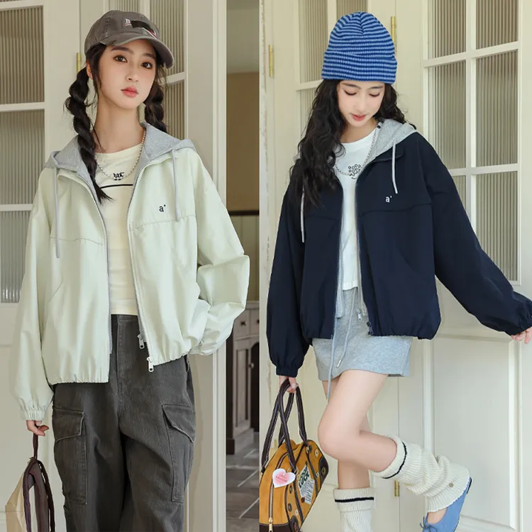 骄骄虎女童假两件秋外套2025新款初中生女大童夹克衫连帽上衣7309