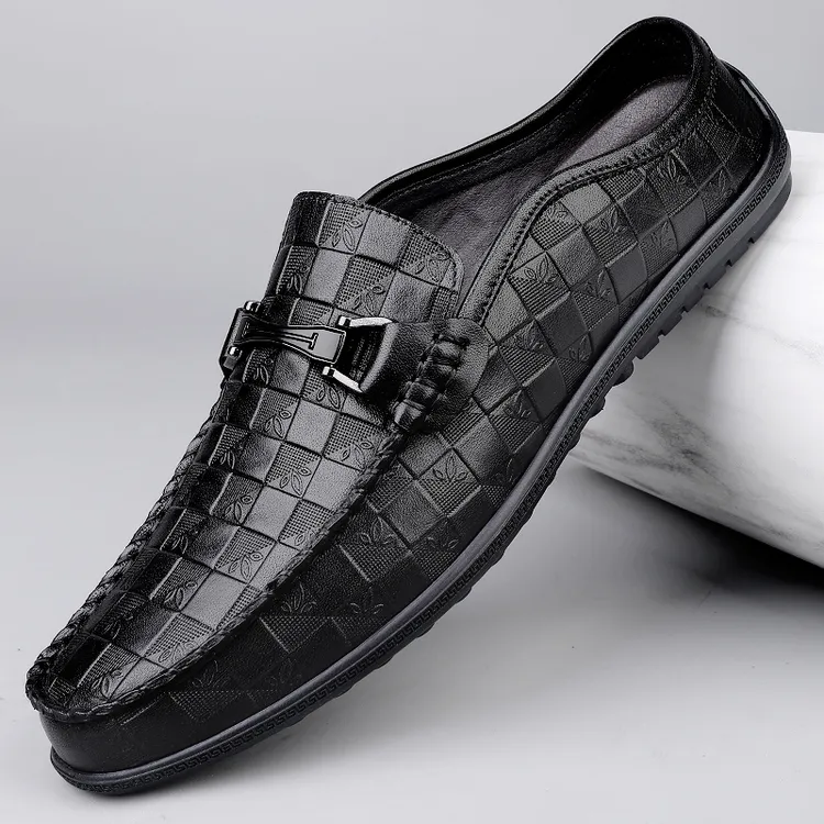 包头半拖鞋男夏季时尚压花透气软底皮凉鞋男士软面百搭商务休闲鞋