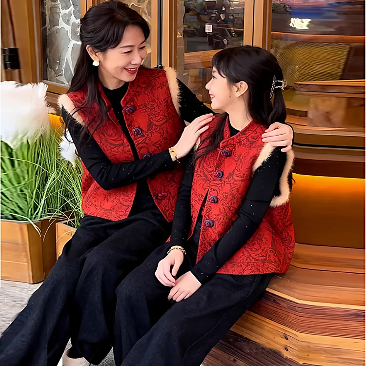 亲子装新年马甲母女装新中式国风马甲汉服拜年服夹棉加厚马甲