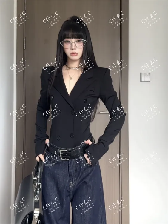 Cc【连体西装】双排扣设计感弹力修身显瘦V领连体西装设计师款式