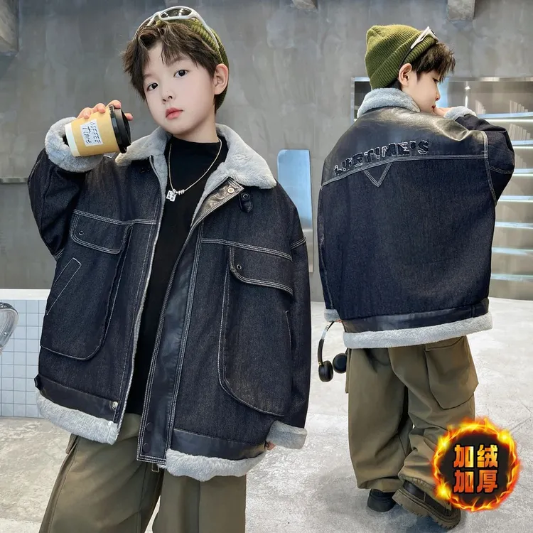 男童加绒外套一体绒2025新款儿童秋冬装夹克中大童牛仔上衣加厚潮