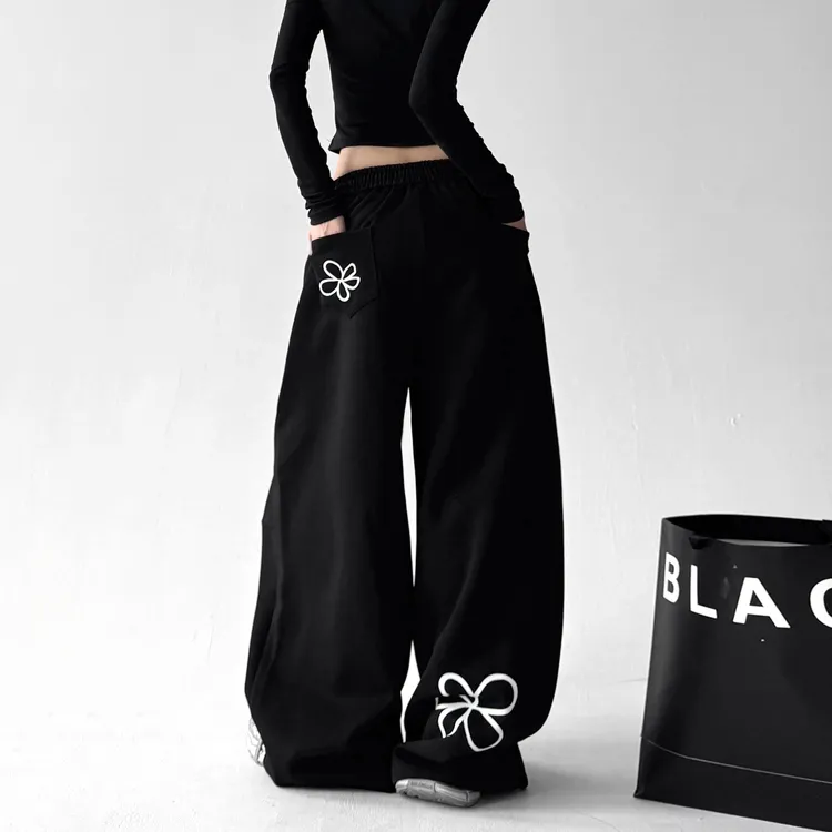 美式黑色抽绳印花休闲裤女秋冬加绒宽松阔腿显瘦街舞别致运动卫裤