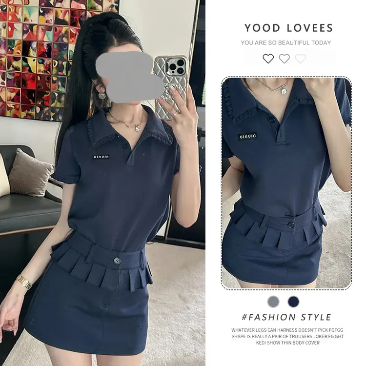 设计感套装夏季短袖上衣简约南韩尖子生娃娃领木耳边POLO衫半身裙